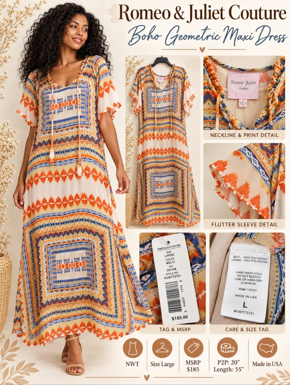 NWT Romeo & Juliet Couture Boho Geometric Tribal Print Maxi Dress L $185
